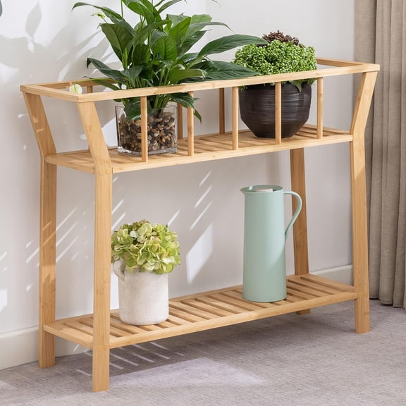 Plant Stand Indoor Bamboo Potted Plant Shelf Table 2 Tier Tall Window-sill Pot Organizer Holder, Sofa Side Entryway Table for Living Room 37.4"x11"