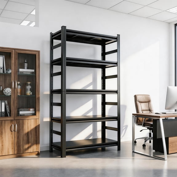 73"H Printer Stand, Tall Bookshelf, Metal Wide Bookcase, Heavy Duty Adjustable Industrial Shelving for Living Room, Bedroom and Library, Black,48"W