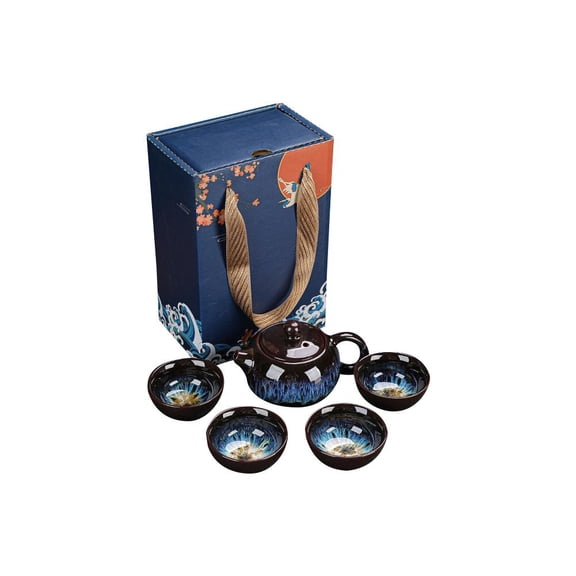 Ceramic Tea Set with Teapot and 4 Cups Heat Resistant 150ml 170ml Blue Brown