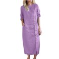 thumbnail image 3 of Vhkiploz Summer Long Tunic Linen Dress for Women's Solid Color Button-Up Front Split T-Shirt Dress Short Sleeve Round Neck Beach Straight Dress, 3 of 10