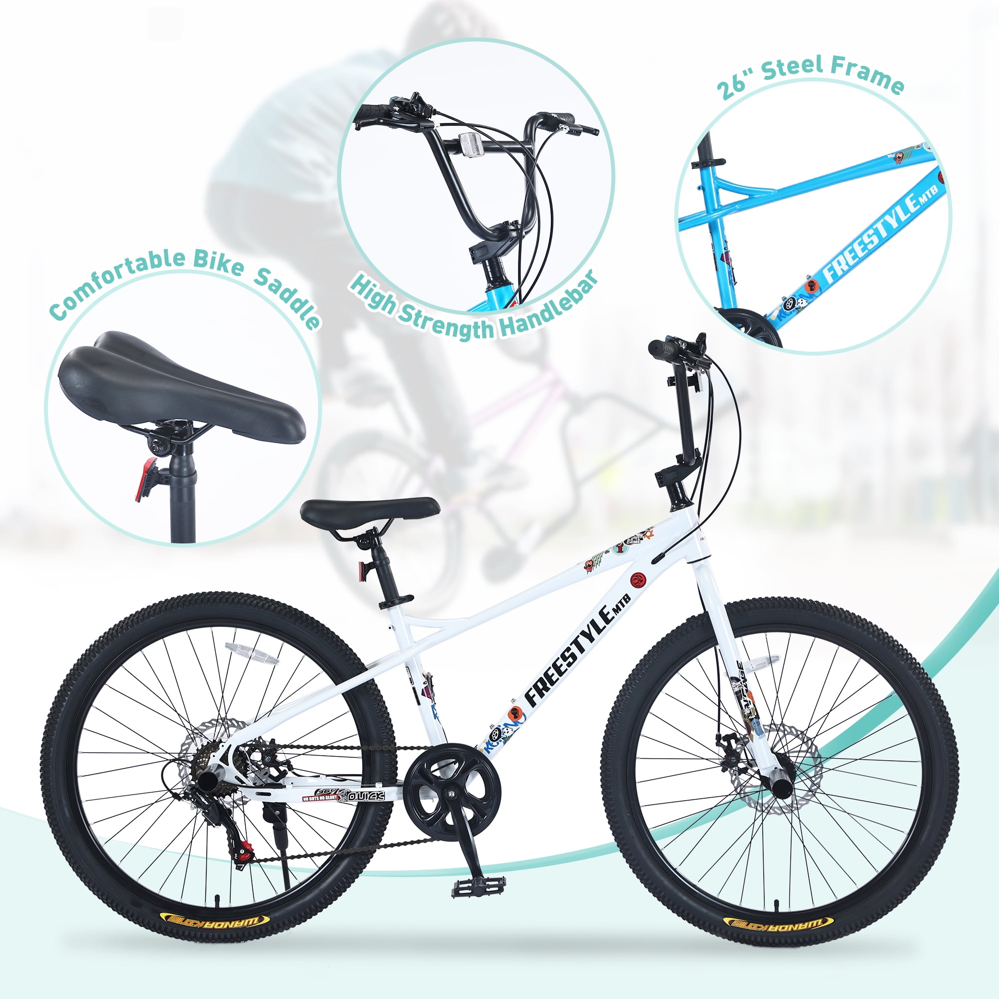 Aukfa 26" Freestyle BMX Bikes,Kids Mountain Bike for Boys Girls,Shimano 7 Speed,Double Disc Brakes,White