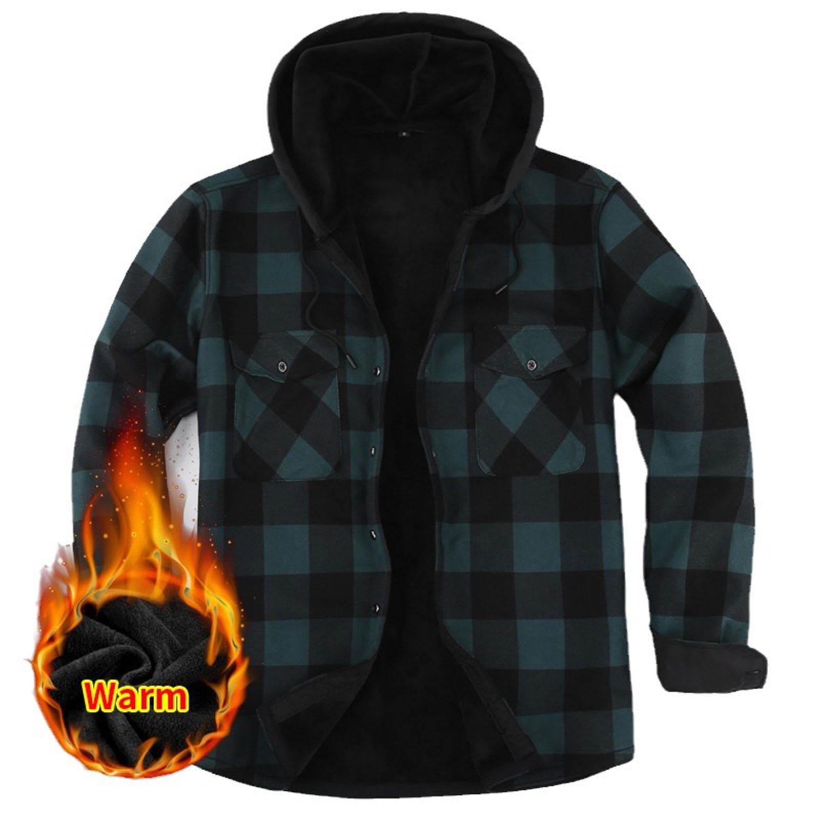 Chiccall Mens Flannel Hoodie Thick Warm Fleece Lined Plaid Drawstring Button Down Hooded Shirts for Men Fall Winter Casual Stylish Coats with Pocket