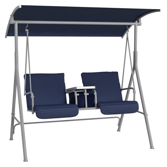 2-Seater Outdoor Swing with Canopy, Patio Swing Chair for Garden, Backyard, Dark Blue - with Table & Cupholders