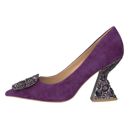 YDN Women Rhinestone Studded Buckle Pumps Slip On Crystal Chunky High Heels Closed Pointed Toe Office Shoes Size 8.5 Purple