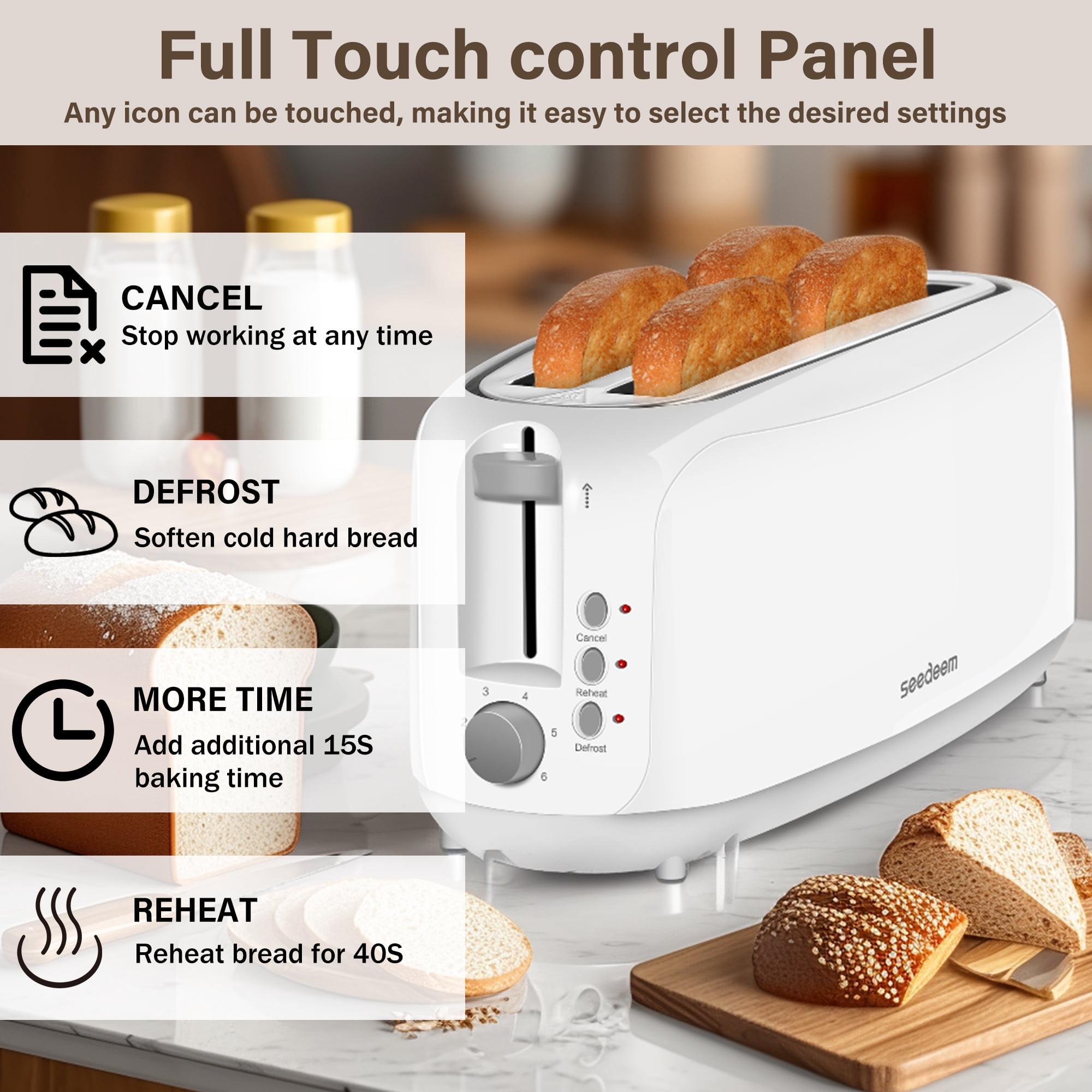 【Ultra-Slim Space-Saving】4-Slice Long Slot Toaster, Dual 10-Inch Slots, 6 Shade Settings with Cancel/Reheat/Defrost, Removable Crumb Tray, Easy to Store Vertically