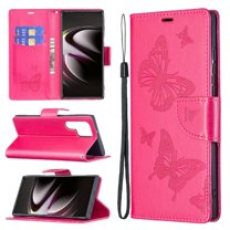 Dteck Butterfly Pattern Case for Samsung Galaxy S24 Ultra,Magnetic Leather Card Wallet Case Shockproof Kickstand Cover with Wrist Strap for Galaxy S24 Ultra ,Red