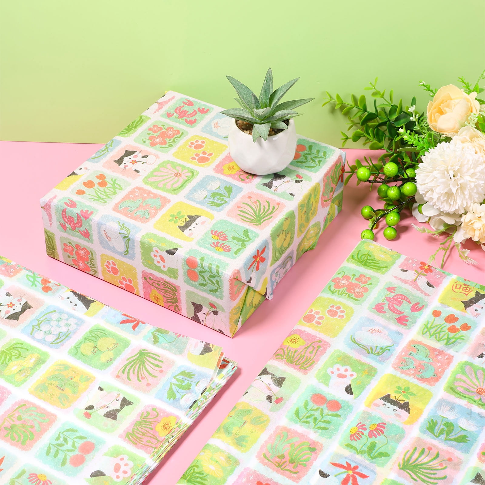 Atopoler 200 Sheet Cartoon Tissue Paper,Cute Animal Floral Preasent Wrap Tissue Paper for Wrapping Crafting Packing,20 x 14 inches,Green Color