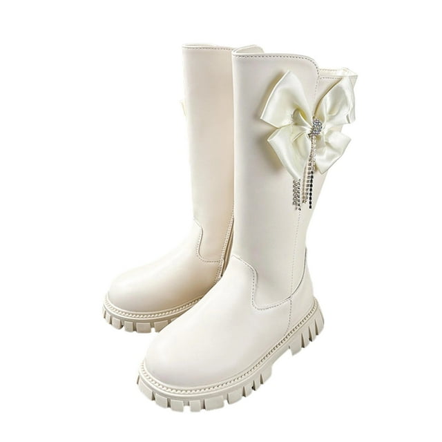 Girls Boots, Fashion Casual for Medium Large Children Winter Style Lace Up Solid Color Student Tall Leather