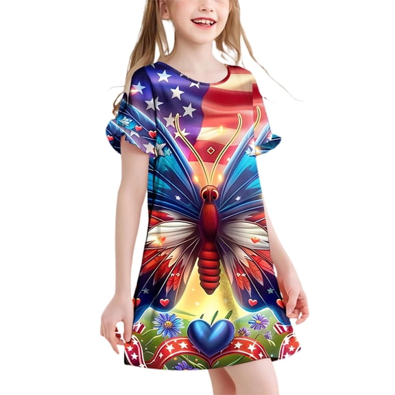 Pounoo New Girls Dresses 10-12 Fashion Print Short Sleeve Casual Dresses Round Neck Knee Length Dress Breathable Dresses For Kids Girls