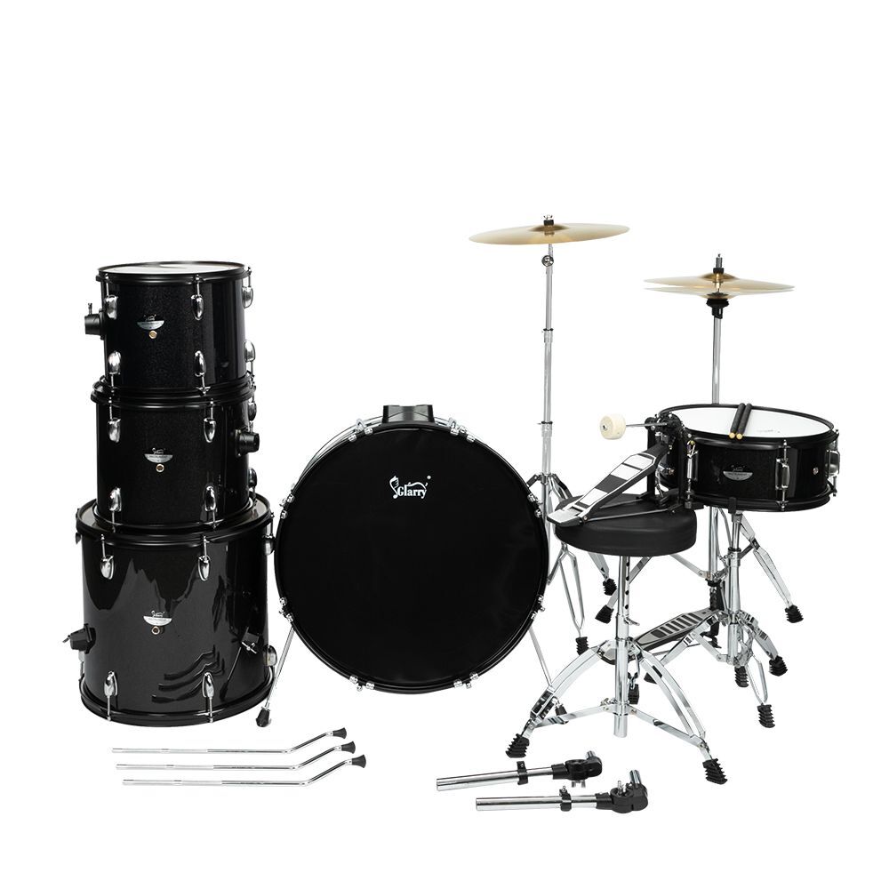 5-Piece Full Size Adult Drum Set with Bass Drum/Tom Drum/Snare Drum/Floor Tom/Ride Cymbal - Complete Professional Percussion Kit with Stainless Steel Hardware and Height Adjustable Stool - Black