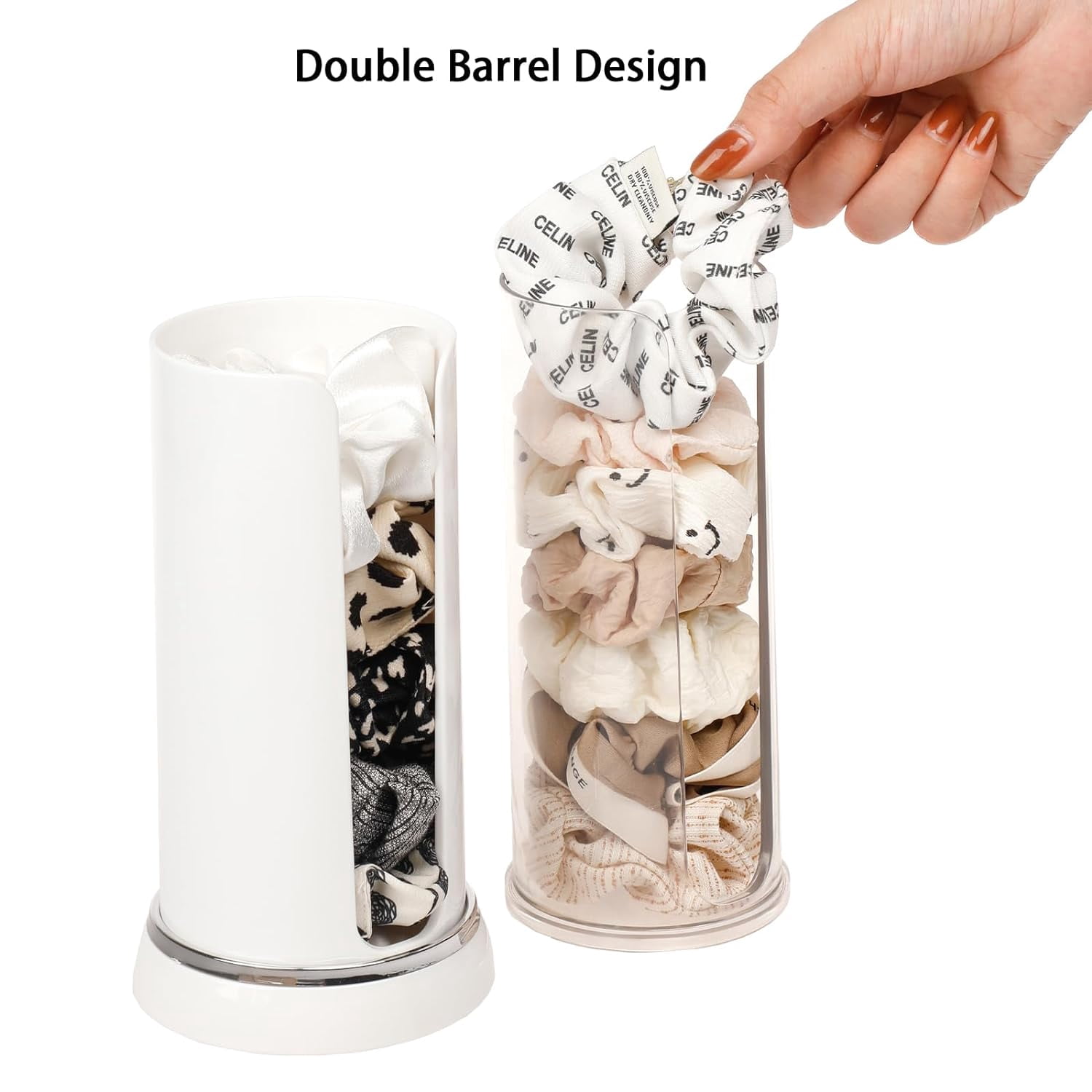 ABCISI Plastic Portable Scrunchie Holder, Double-Barrel Scrunchie Organizer - Clear Portable Hair Tie & Cotton Pads Holder for Bathroom & Travel​.（White-1PC）