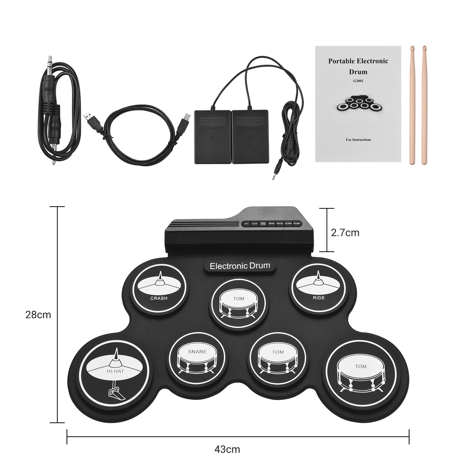 Carevas Compact Size USB Roll-Up Silicon Drum Set Digital Electronic Drum Kit 7 Drum Pads with Drumsticks Foot Pedals for Beginners