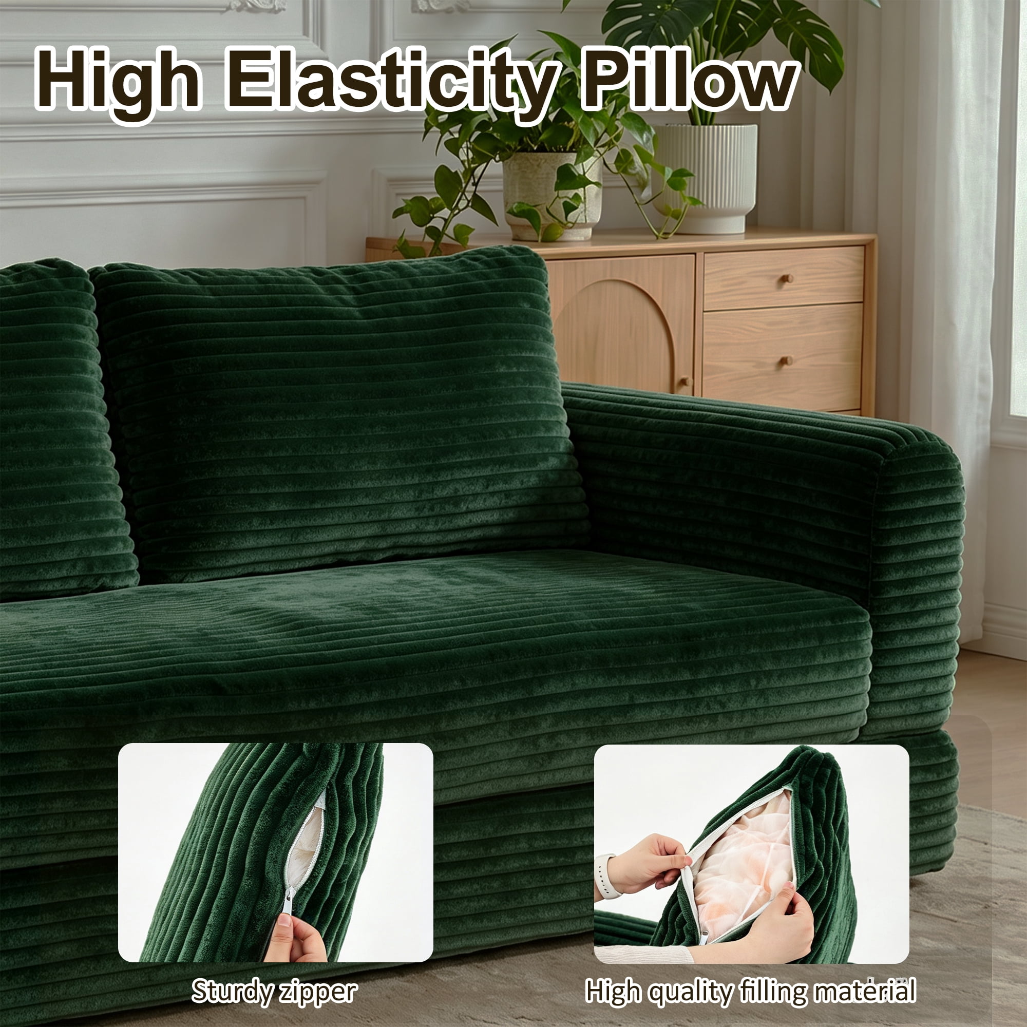 76" Convertible Futon Sofa Bed,Folding Boneless Floor Couch with Deep Seat,Cloud Corduroy Fold Out Sleeper Sofa with Memory Foam Cushion for Living Room,Bedroom,Green