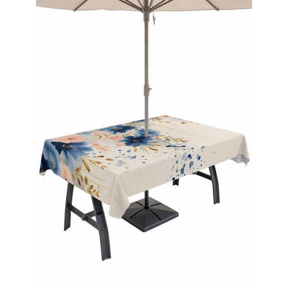 Outdoor Tablecloth with Umbrella Hole for Patio/Picnic/Party/Camping, Navy Blue Spring Floral Waterproof Table Cloth Rectangle Table Cover Washable, Farmhouse Butterfly Rustic (60"x 120")