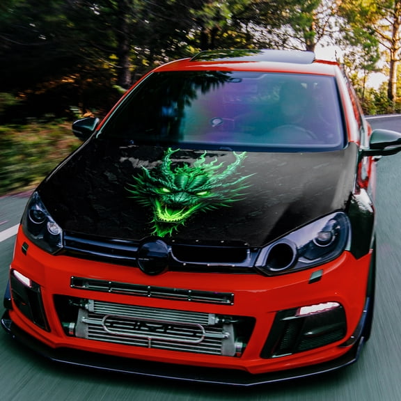 Car Hood Decal Sticker, Neon Green Dragon Head Design, 100 x 150 cm Waterproof Heat-Resistant Scratch-Resistant Self-Adhesive Film for Vehicle Hood Exterior Decoration