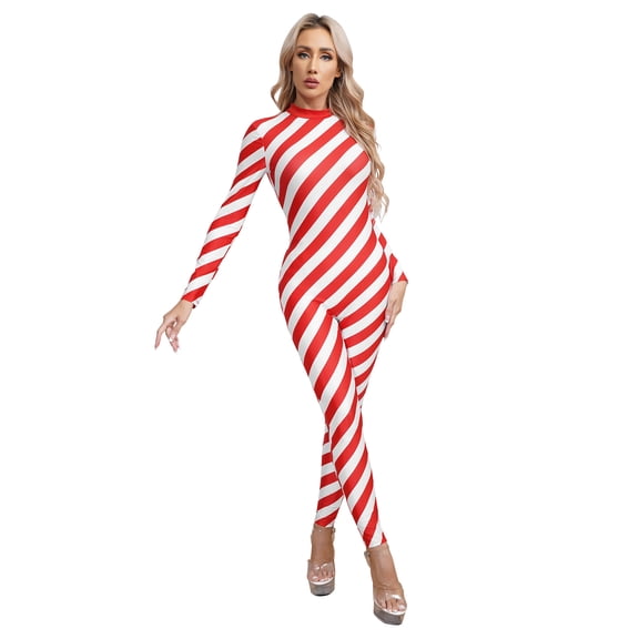 Zaldita Women Christmas Candy Cane Bodysuit Gymnastics Leotard Unitard Xmas Party Dress Up Clubwear Red XXL