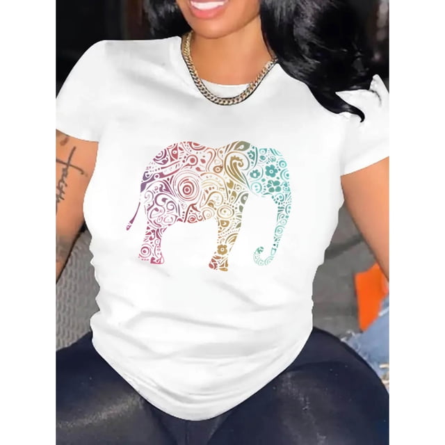 Creative Colorful Abstract Elephant Pattern Printed Women'S Fashion Trendy Round Neck Short Sleeve, Simple Casual Sports T-Shirt, Comfortable Summer Top for Holidays.