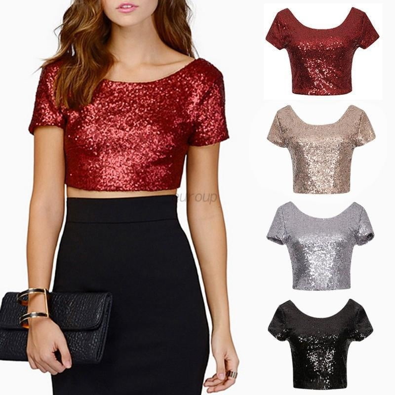 Lady Sequins Slim Vest Tank Top Crop 