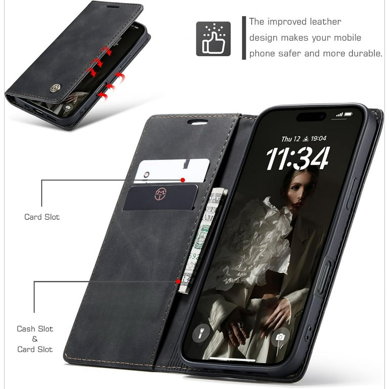 IPhone 16 Case - Folio Flip Wallet Phone Case - Flip Phone Wallet Case, Support Wireless Charging, Wrist Strap & Zipper Pocket Card Holder, Fullbody Protection, Kickstand Cover - DAKSA