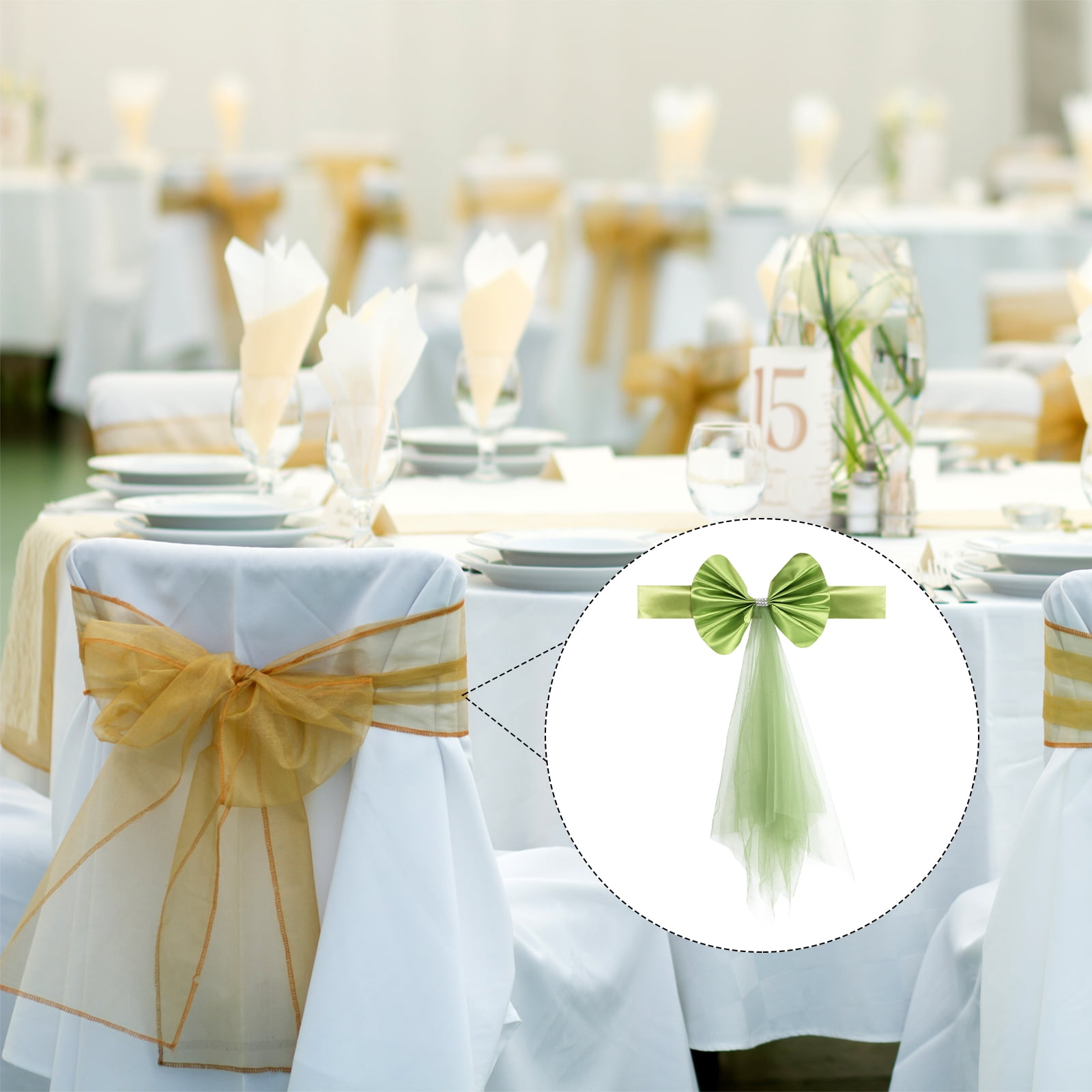 Unique Bargains Stretch Satin Chair Sashes Bows Chair Bands Decoration with Mesh Yarn 12 Green