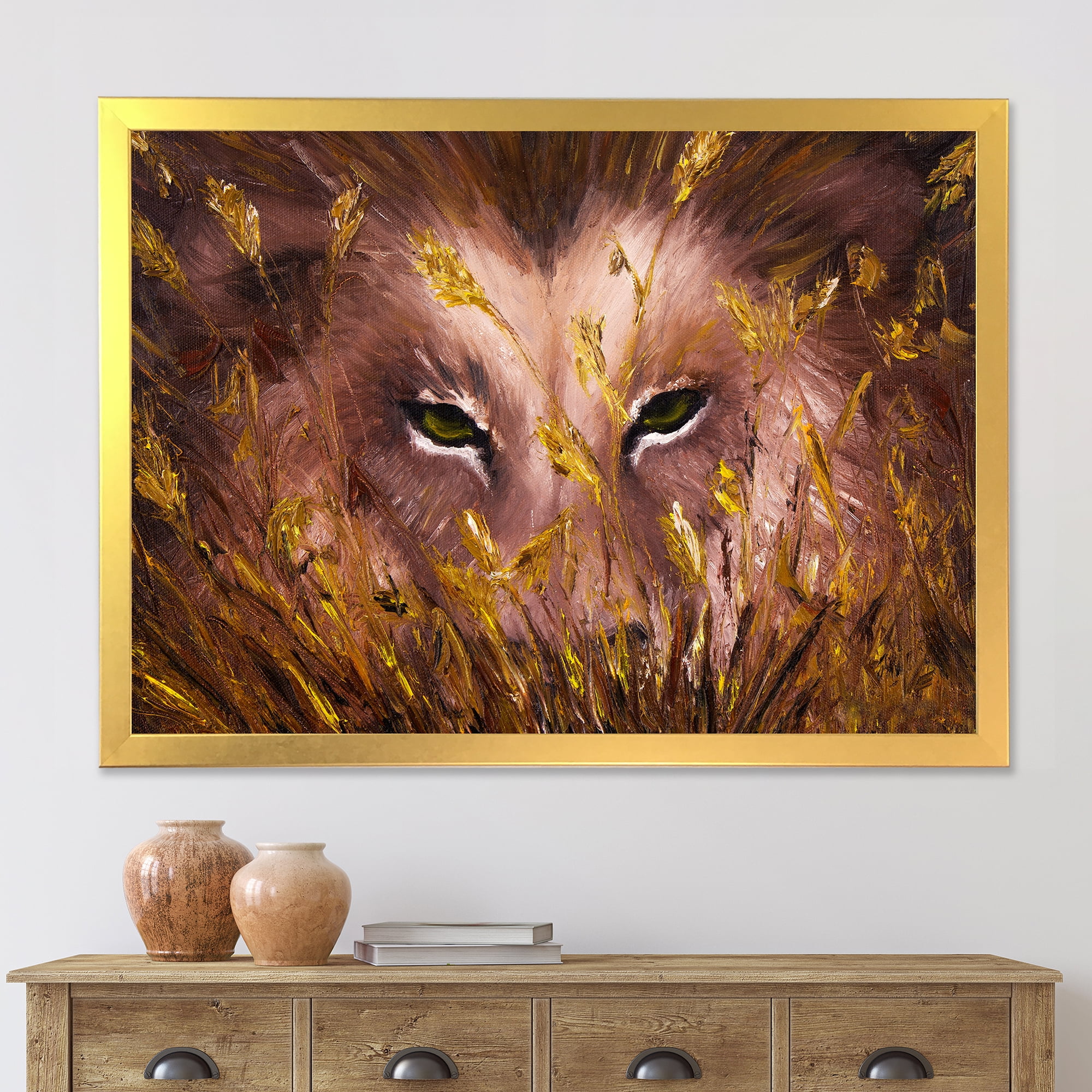 Designart 'Close Up Of Wolf Eyes In The Grass' Farmhouse Framed Art Print