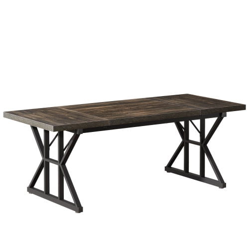 71" Farmhouse Dining Table for 6, Rustic Rectangular Kitchen Table with X-Trestle Metal Legs, Wood Top Dinner Table for Dining Room, Rustic Black