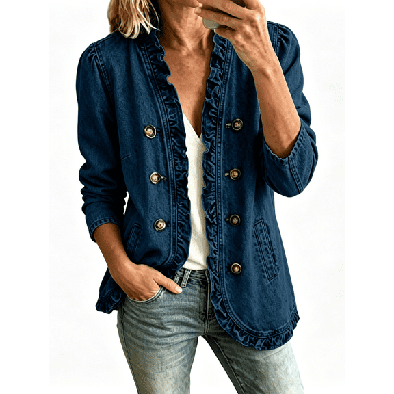 Zynoxe Womens Plus Size Denim Jackets Trendy Ruffle Open Front Double Breasted Long Sleeve Jean Jackets Lounge Fall Cardigan with Pockets Dark Blue S