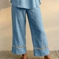 thumbnail image 4 of Morrtic Women's Eyelet Spliced 2 Piece Solid Color Set – Round Neck Half Sleeve Blouse & Wide-Leg Pants, Summer Casual Outfit Light Blue，XXXL, 4 of 6