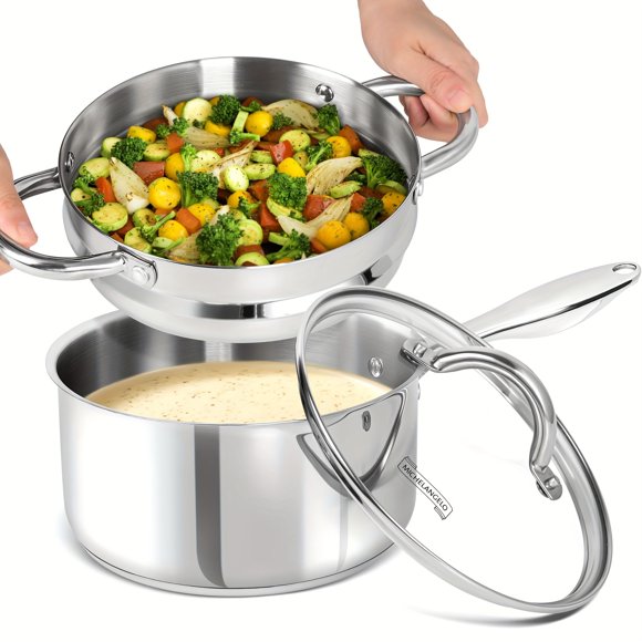 Bamboohart 1pc 3 Quart Stainless Steel Saucepan with Lid and Steamer Insert Nonstick Induction Compatible Pot with Pour Spout Oven Safe Kitchen Cookware