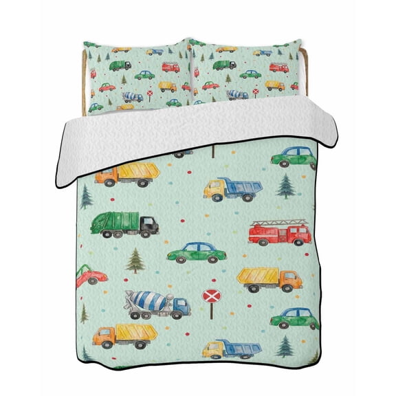 Quilts Twin-XL Size Bedding Set, Teal Cartoon Truck Lightweight Quilted Comforter, Funny Cute Colorful Car Tree Polka Dot Soft Bedspread Coverlet with Pillow Covers for All Season, 68" x 98"