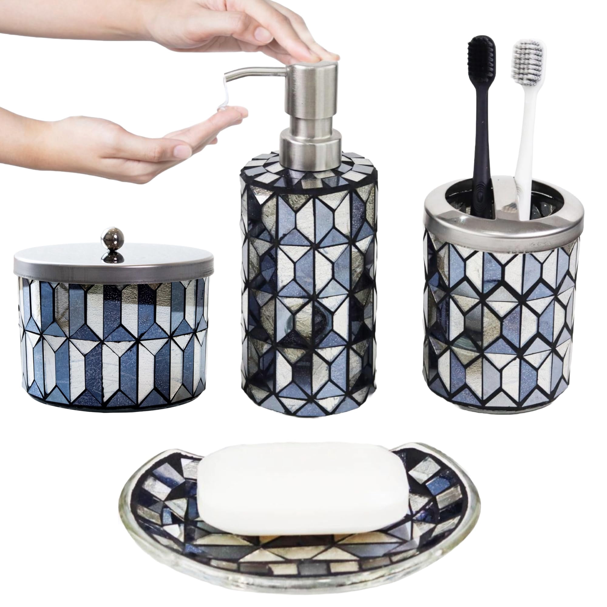 Bathroom Accessories Set | Handcrafted Soap Dispenser Toothbrush Holder Cotton Jar | Luxury Coastal Bathroom Decor