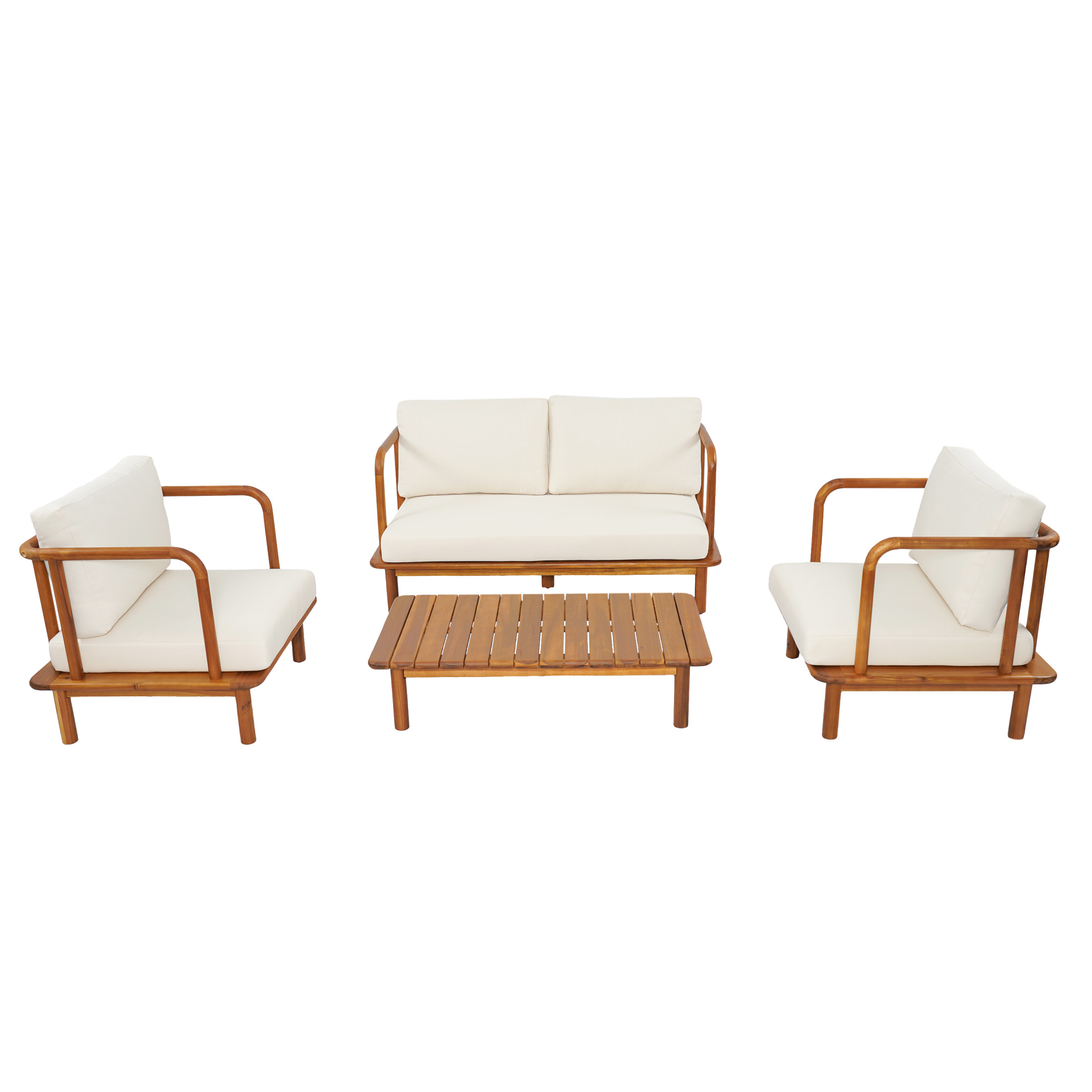 Christopher Knight Home Outdoor 4-Piece Wooden Chat Set with Coffee Table and Cream Cushions