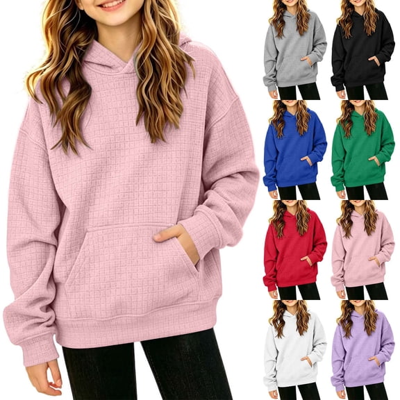 Falkdiz Girls Waffle Sweatshirts Hooded Winter Pullover With Pocket Outdoor Long Sleeve Travel Solid Color Shirts for Girls Black , Size: 120
