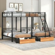 Black Metal Triple Bunk Bed - Configuration Includes Full Over Twin & Twin, Comes with Built-in Drawers & Guardrails, Crafted from Durable Wood & Metal Frame, Space-Saving Design