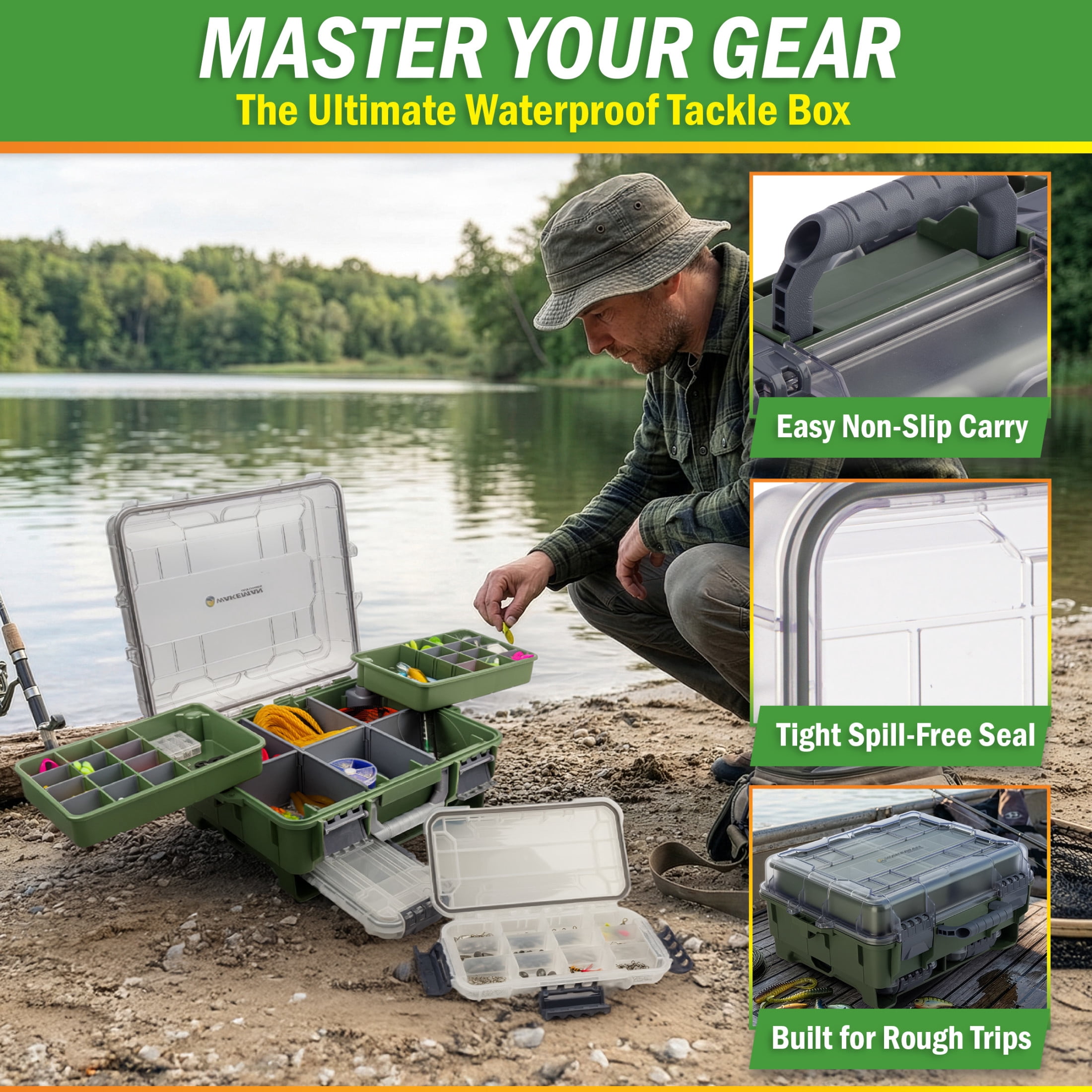 Wakeman Outdoors Fishing Tackle Box Organizer with 2 Removeable Tackle Trays, Green
