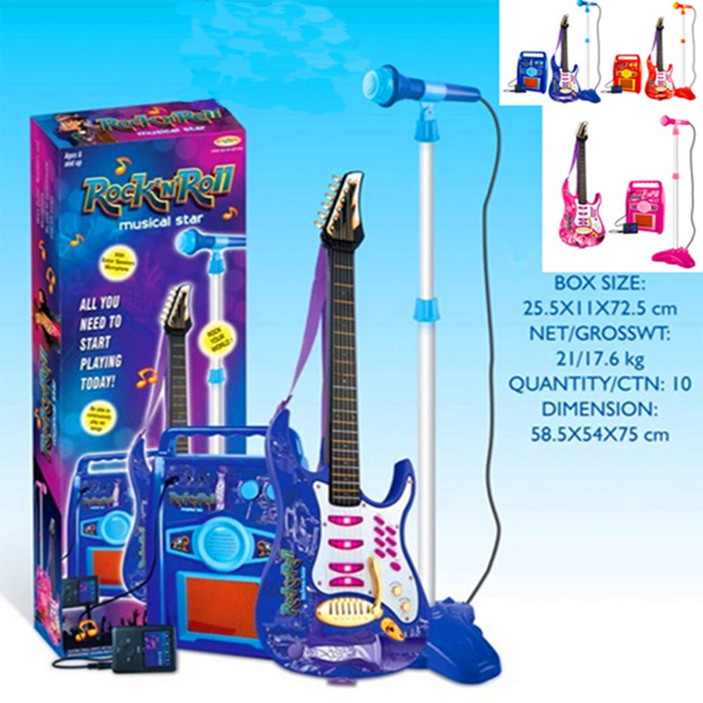 iMeshbean Kids Electric Musical Guitar Toy Play Set w/ 6 Demo Songs, Whammy Bar, Microphone, Amp, AUX - Blue