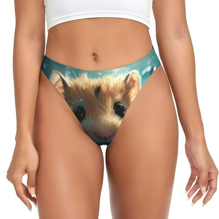 Qokaie Cute Swimming Guinea Pig Printed Women s Cotton Thong Underwear  Sexy Breathable Panties G-string -Medium