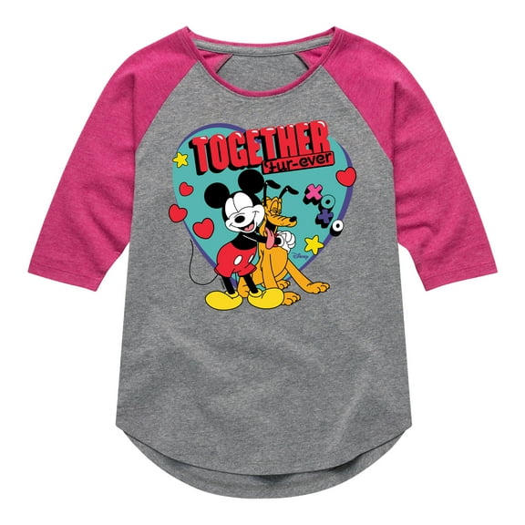 Disney - Together Fur Ever Mickey Pluto - Youth Girls Raglan Graphic T-Shirt