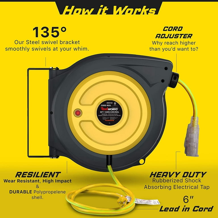 ReelWorks Retractable Extension Cord Reel - 12AWG x 50' Ft, 3 Grounded  Outlets, Max 15A 