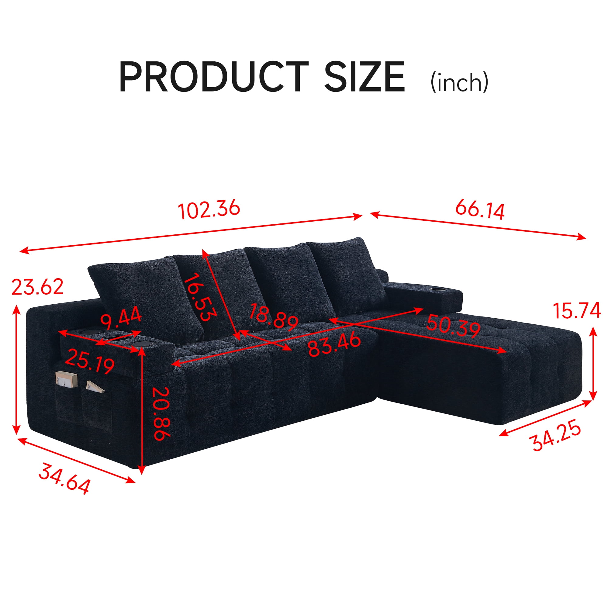 Modern L-shaped Tufted Sectional Sofa with Built-in Wireless Charging & Bluetooth Speaker,Reversible Chaise with Chenille Sofa Couch, USB Port, Cup Holders, Black,Perfect for Small Apartments