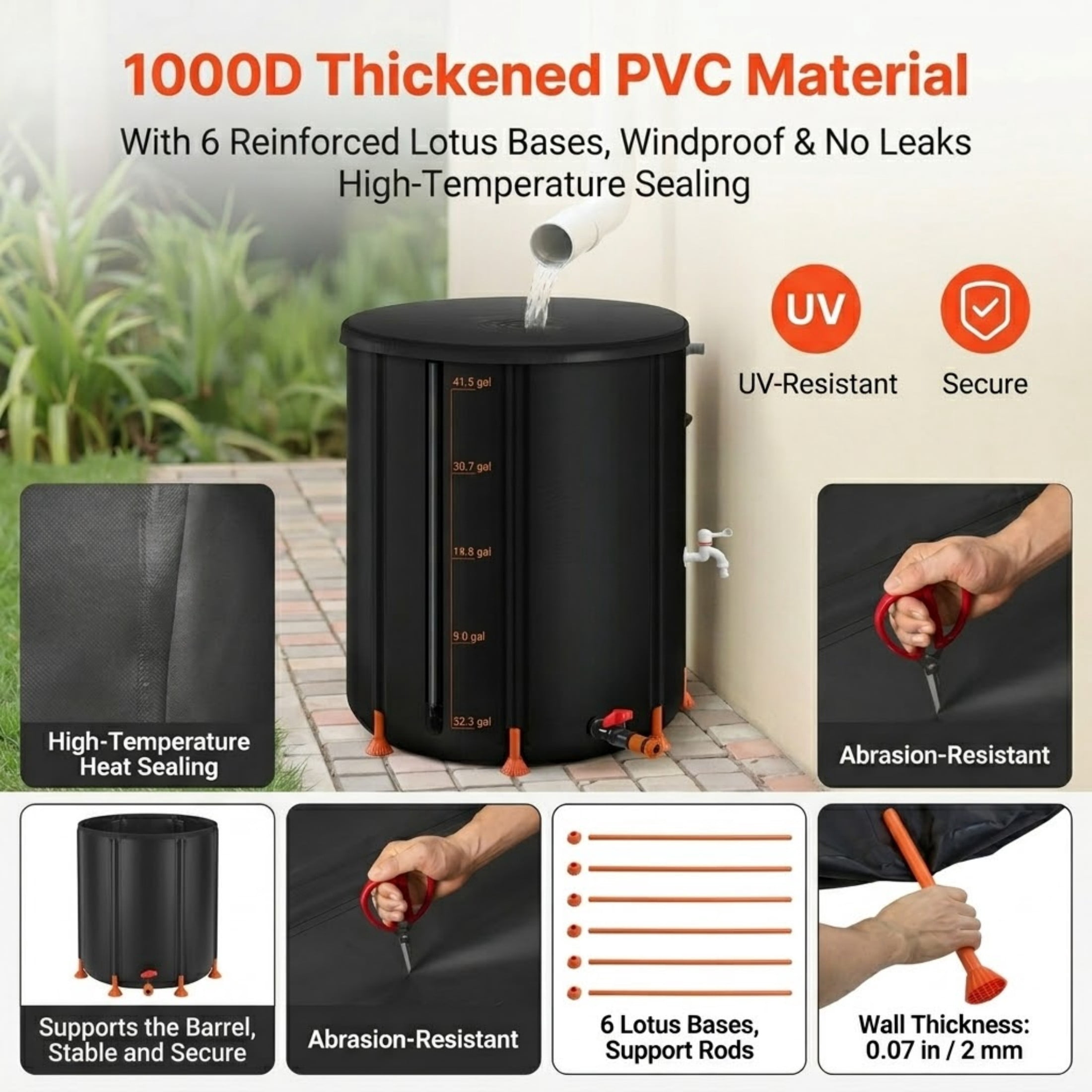 53 Gallon Collapsible Rain Barrel, 1000D PVC Portable Rain Water Collection System with Spigot & Overflow Kit, Black