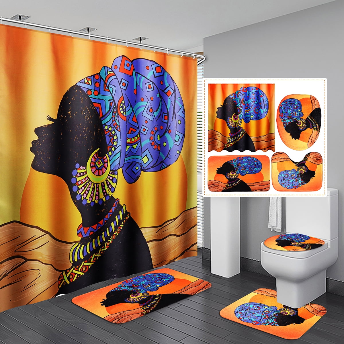 Details about   African Woman Art Print Shower Curtain Bath Mat Toilet Cover Rug Bathroom Decor 