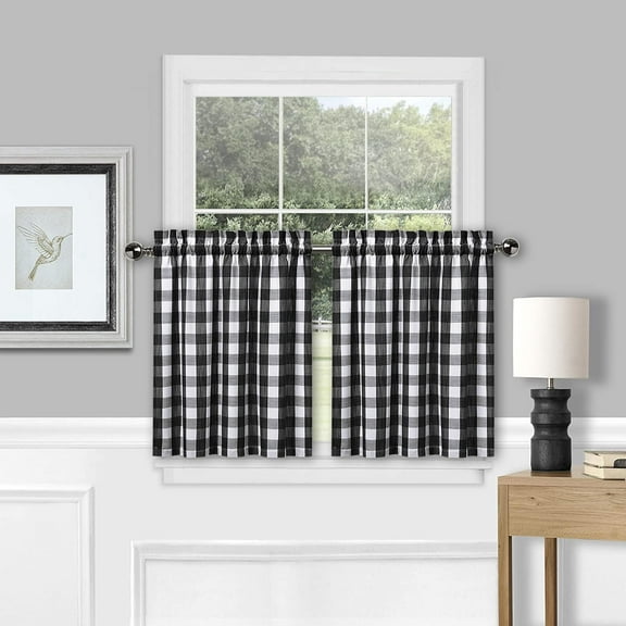 Classic Country Farmhouse Linen Kitchen Window Curtains, Buffalo Check Bathroom Window Curtain Heavy Yarn Dyed Plaid Gingham Half Window Kitchen Cafe Curtains, 28" W x 36" L, Black/White