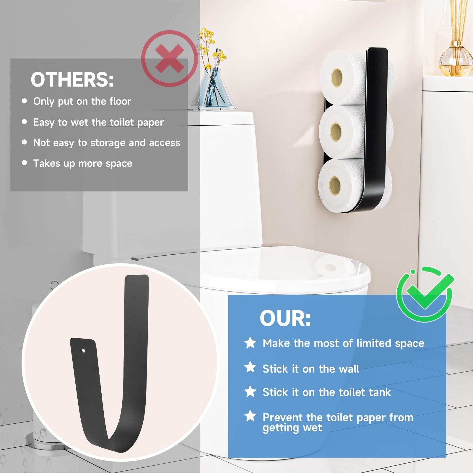 BIMZUC Toilet Paper Storage Wall Mount Iron Space Saving Stylish Look Multifunctional Toilet Paper Holder Stand Organizer For Bathroom Decor No Drilling Required Heavy Duty Metal Rack