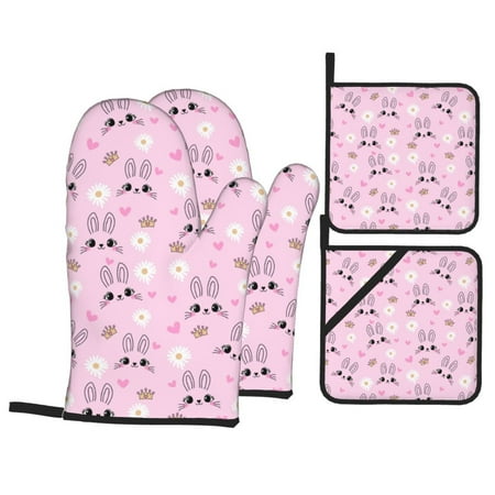 

Oven Mitts and Pot Holders 4 pcs Set Cute Rabbit Love Flower Pink Heat Resistant Pot Holders Oven Mitts for kitchen Non-Slip Hanging Loop Oven Glove Potholders for Baking Cooking