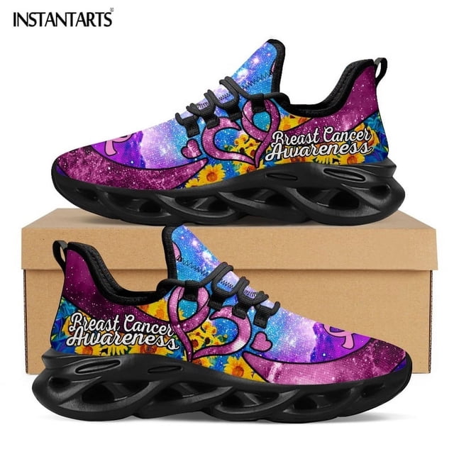Breast Cancer Awareness Pink Ribbon Pattern Printed Women Platform Sneakers Lightweight Lace up Platform Shoes 2024