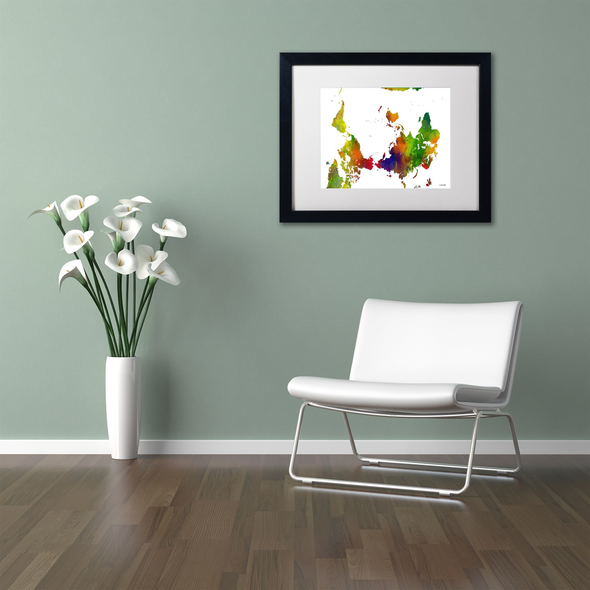 Trademark Fine Art "Upside Down Map of the World Clr 1" Canvas Art by Marlene Watson, White Matte, Black Frame