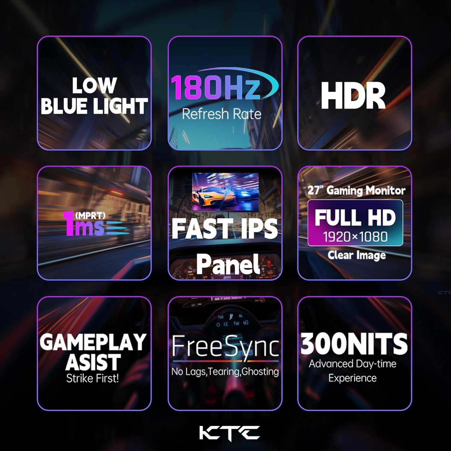 KTC Gaming Monitor 27 Inch 180Hz 1ms | Fast IPS Screen 1080P Monitor | 2 x HDMI 2.0 & 1 x DisplayPort 1.4 | Support FreeSync and Wall Mount | 108% sRGB with HDR10