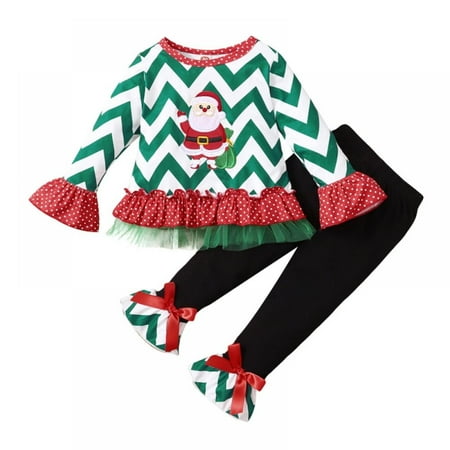 

Toddler Baby Girl Christmas Outfits Santa Claus Long Sleeve T-Shirt Top Bell-Bottom Pants 2Pcs Clothes Set