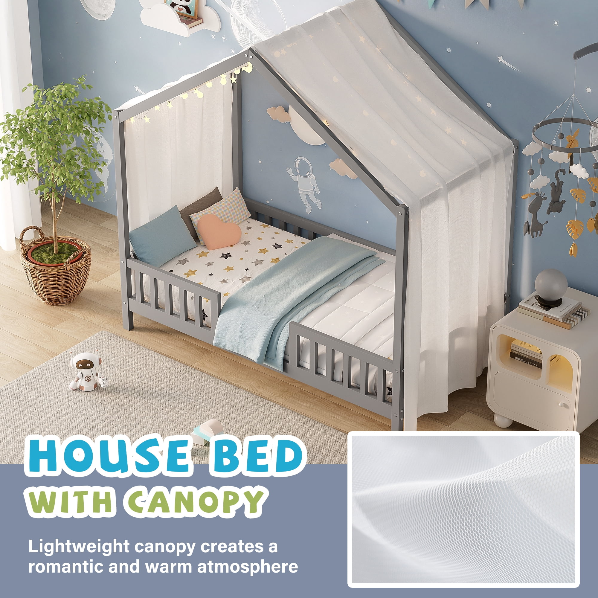 Euroco House Floor Bed with High Railings, Twin Size Kids' Bed with Canopy, Grey